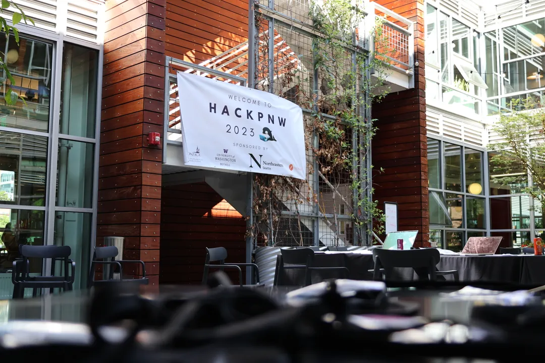 An empty courtyard highlighting a HackPNW banner
